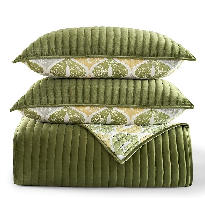 Wonderful Velvet Quilt Set - Striped Channel Stitch Green Quilt Queen, Rustic Ogee Printed Cotton Reversible Lightweight Comforter, Farmhouse Soft Bedspread Coverlet Bedding for All Season, 94"x94"