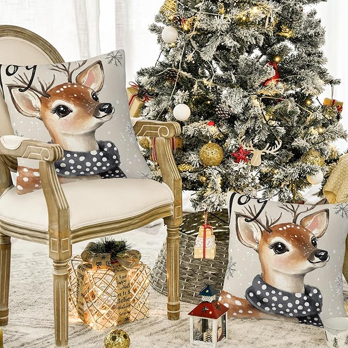 Christmas Pillow Covers 18X18, Christmas Deer Joy Decorative Throw Pillow Covers, Winter Snowflake Deer Pillow Cover Pillowcase Cushion Case for Home Sofa Couch Indoor Outdoor Set of 2