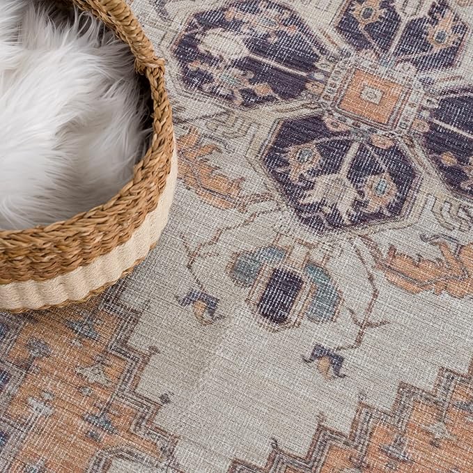 Bloom Rugs Washable 7 ft Runner - Orange/Blue/Beige Traditional Runner for Entryway, Hallway, Bathroom, and Kitchen - Exact Size: 2.5' x 7'