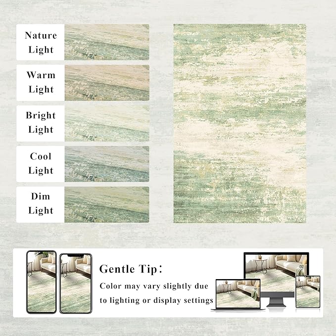 2x3 Modern Abstract Rug Washable Area Rugs for Living Room Bedroom Dining Room Non-Slip Low Pile Neutral Large Rug Soft Indoor Floor Carpet, Green