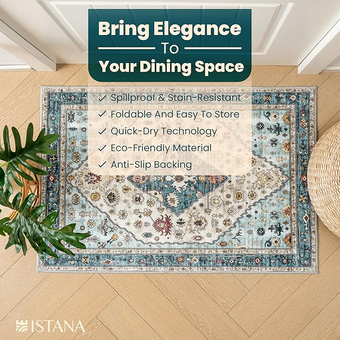Istana 2 X 3 Area Rugs Indoor - White Cream/Blue Rugs for Bedroom - Foldable Boho Rugs for Living Room - 2x3 Area Rug - Anti-Slip Under Dining Table Rug - 2x3 Non Slip Rug W/Soft Microfiber
