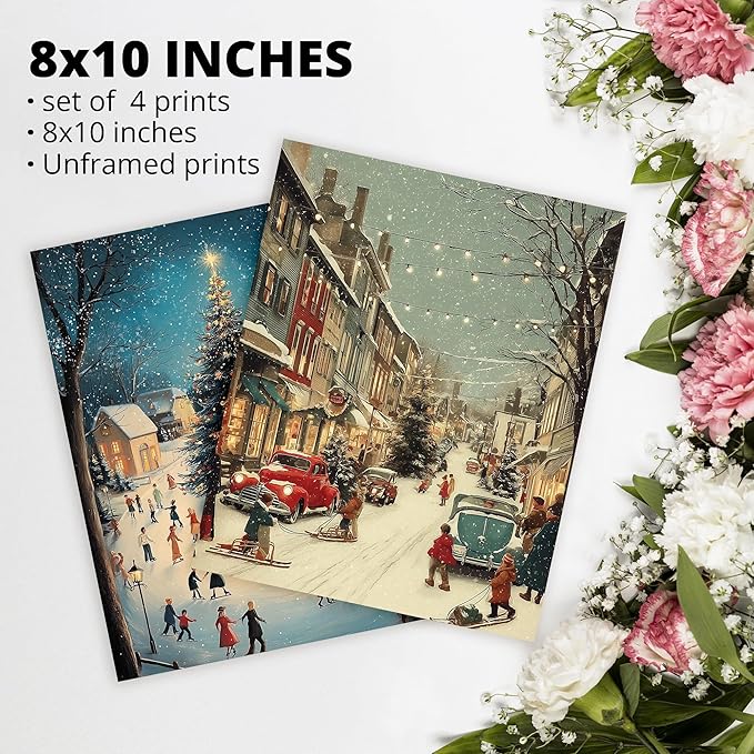 AEHIE Vintage Christmas Ice Skating Winter Village Wall Art Poster Prints for Home Living Room, Xmas Winter Snow Scene Street Poster Prints, Vintage Christmas Holidaye Wall Art Unframed 4pcs 8x10inch