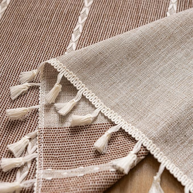 Sutuo Home Boho Curtains Valance 18 inch for Cafe Kitchen Doorway Closet, Short Sheer Farmhouse Chic Tassels Window Treatment Bohemian Embroidery Drape, Rod Pocket 1 Panel 52" W x 18" L, Coffee Linen