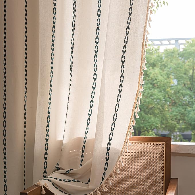 Sutuo Home Boho Curtains 108 Inches Long, Bohemian Drape for Bedroom Living Room, Privacy Country Semi Blackout Farmhouse for Christmas Decor Rod Pocket, 1 Panel W52 x L108 White and Hunter Green