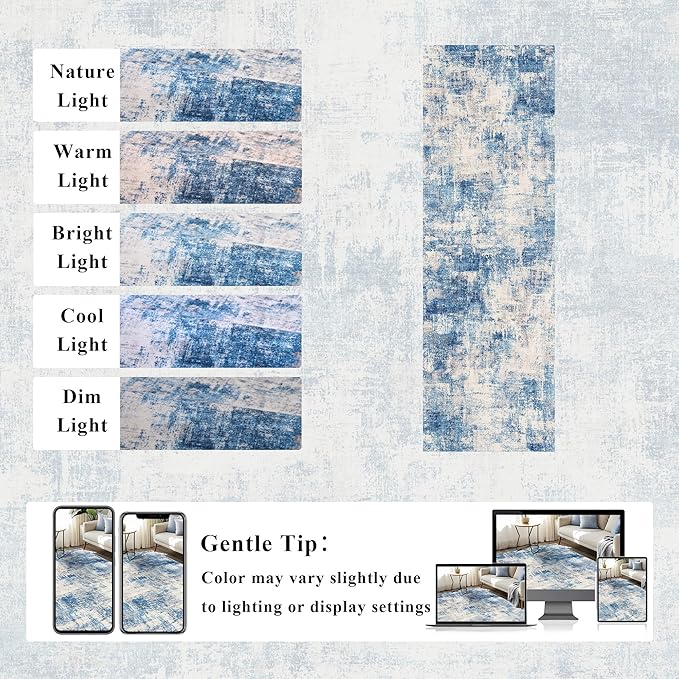 2.6x8 Modern Abstract Rug Washable Area Rugs for Living Room Bedroom Dining Room Non-Slip Low Pile Neutral Large Rug Soft Indoor Floor Carpet, Blue