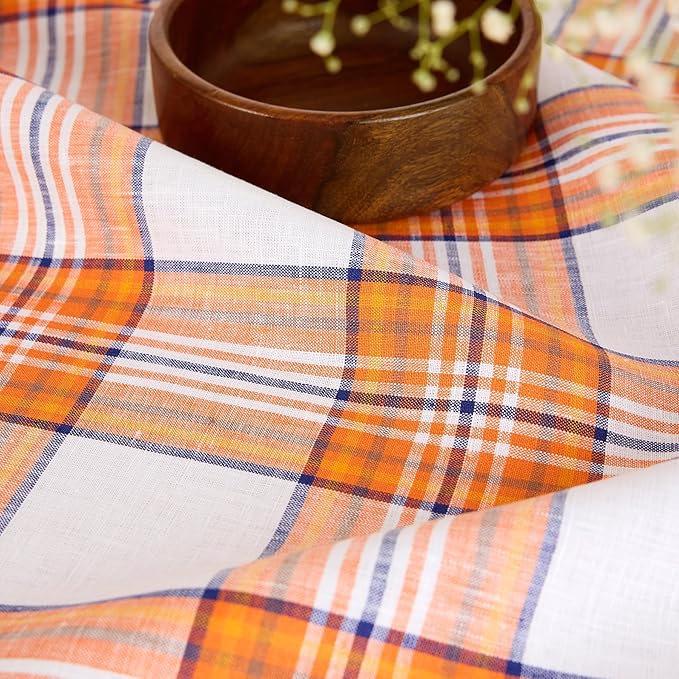 Solino Home Linen Square Tablecloth 52 x 52 Inch - 100% Pure Linen Orange Tartan Plaid Tablecloth - Handcrafted and Machine Washable Table Throw for Fall, Autumn, Thanksgiving