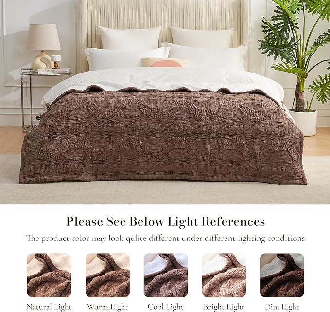 Amélie Home Cable Knit Throw Blanket for Couch, Chenille Sherpa Soft Cozy Throw Blankets for Sofa Chair Comfortable Home, 50"x60", Brown
