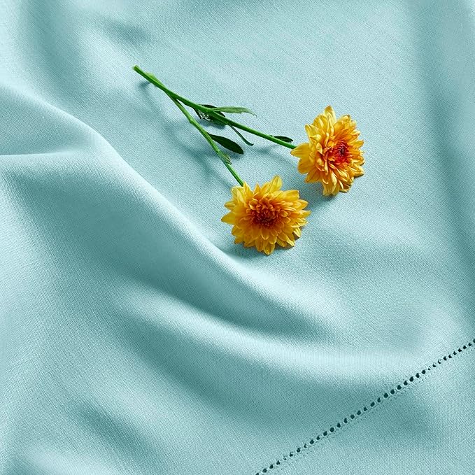 Solino Home Linen Tablecloth for Rectangle Tables 60 x 144 Inch - Classic Hemstitch 100% Pure Linen Aqua Blue Table Cloth - Machine Washable Cloth Tablecloth for Christmas