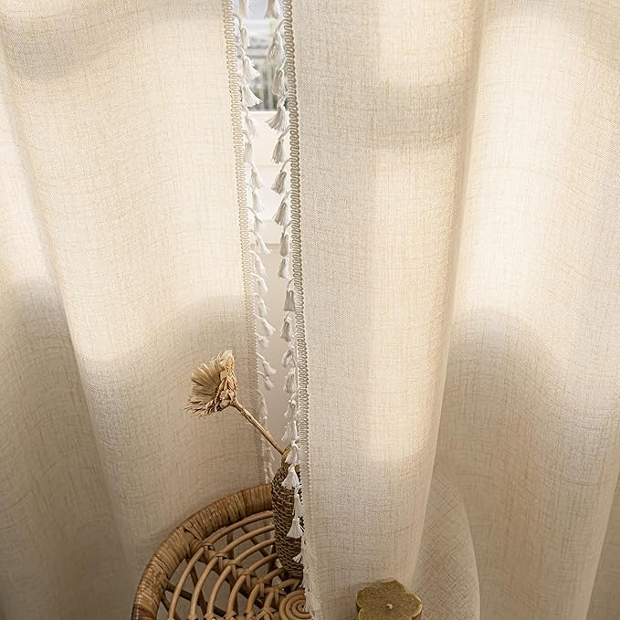 Sutuo Home Ivory Boho Curtains 108 Inches Long, Bohemian Linen Style Textured Curtains with Tassels for Living Room, Semi Blackout Farmhouse Drapes, Rod Pocket Window Treatments 2 Panels, 52" x 108"