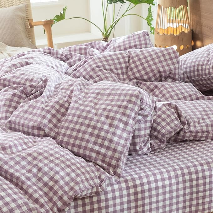 MooMee Gingham Duvet Cover Set 100% Washed Cotton Linen Like Textured Breathable Durable Soft Comfy Modern Checkered Design (Buffalo Plaid Tannish Linen Grey, Queen 90"x90")