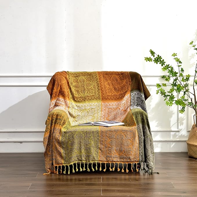 Boho Couch Cover, Bohemian Throw Blanket Tassels Hippie Decor Covers Sofa Chair loveseat Furniture Bed, Bohemian Tribal Fringe slipcover (Green, 60x75)…