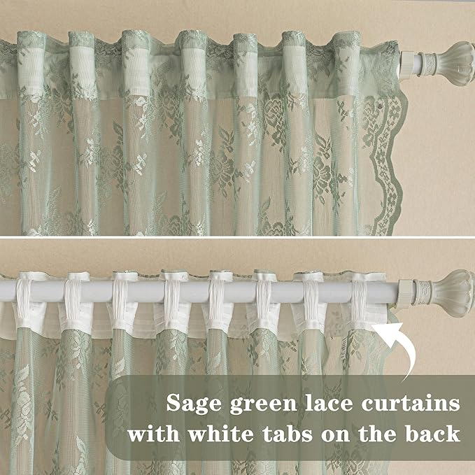 MEETSKY Sage Green Lace Sheer Curtains 84 Inch Length 2 Panels Set Vintage French Boho Sheer Style Back Tab Rod Pocket Transparent Light Filtering Drapes for Living Room Bedroom, 50" W Each Panel