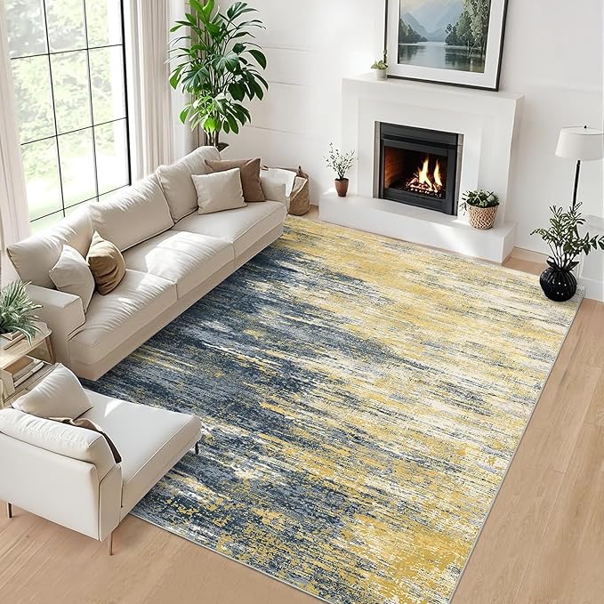 Modern Abstract Living Room Rug 10x13, Machine Washable Large Carpet, Non Slip Low Pile Throw Rug, Ultra Soft Indoor Floor Carpet for Bedroom Dining Room Table Home Decor, Yellow/Black
