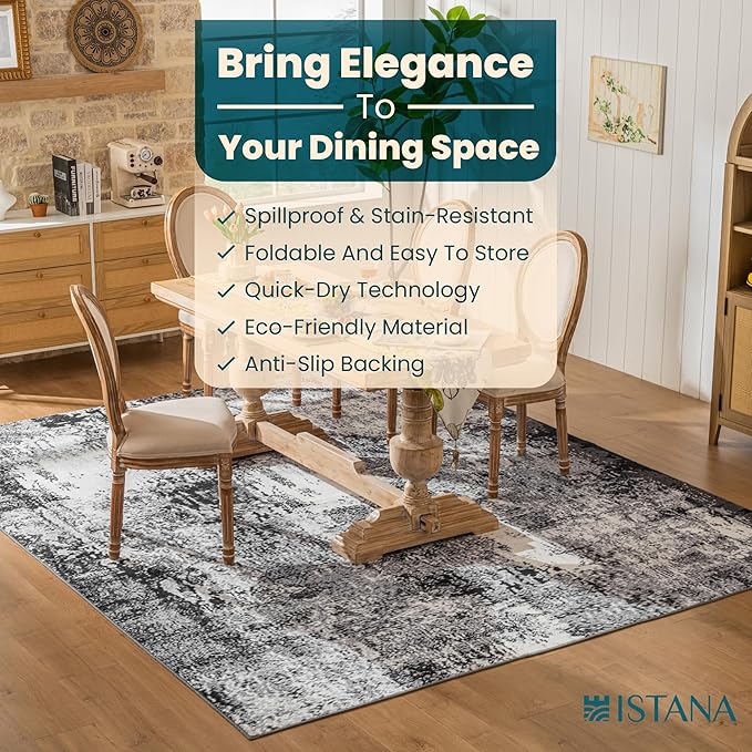 Istana 8x10 Area Rug - Grey Black 8x10 Rugs for Living Room - Foldable Rugs for Bedroom - Stain Resistant Washable Rug - Eco-Friendly Area Rugs - Easy to Clean Living Room Rug