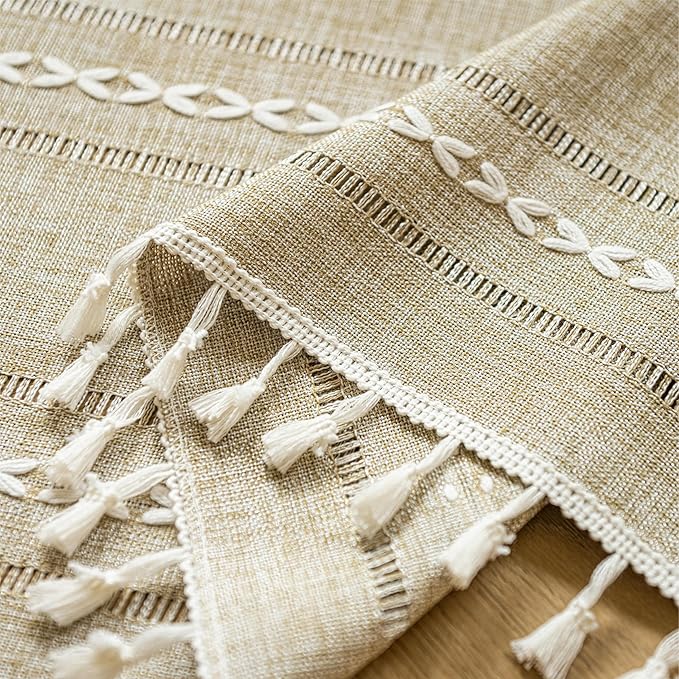 Sutuo Home Boho Door Curtains for Doorway, Bohemian Semi Blackout Curtains Privacy Embroidery Drape Decor for Temporary Room Dividers Bedroom Living Room, Rod Pocket 1 Panel 37" W x 80" L, Natural