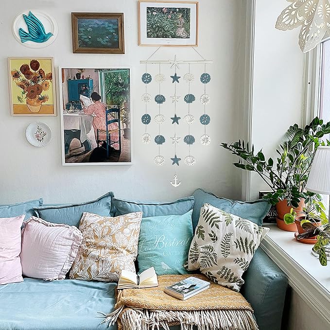 Beach Wall Hanging Decor–Starfish Seashell Coastal Wall Art with Sea Shell Anchor Bathroom Decoration, Boho Nautical Farmhouse Rustic Wood Home Decor for Porch, Bedroom, Living Room 28"x16"