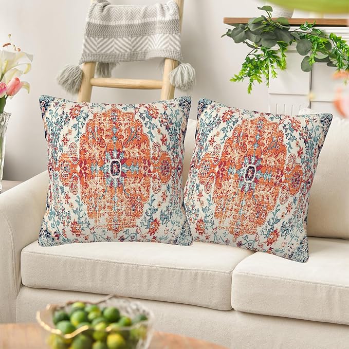 Boho Pillow Covers 18X18 Set of 2, Boho Carpet Decorative Throw Pillow Covers,Vintage Boho Rug Design Pillow Cover Pillowcase Cushion Case for Home Sofa Couch Indoor Outdoor Decorations