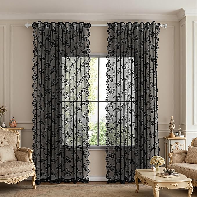 MEETSKY Black Floral Lace Sheer Curtains 90 Inch Long Goth Victorian Vintage Spooky Halloween Holiday Party Decor for Living Room Back Tab Rod Pocket Light Filtering Drapes, 50" W Each Panel, 2 PCs