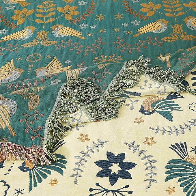 Boho Throw Blanket for Bed 100% Cotton Ultra Soft Rustic Quilt Queen Blanket Bird Floral Printed Farmhouse Decor Large Fall Bed Blankets,90"×98" All Season Rustic Throw for Sofa Couch Chair