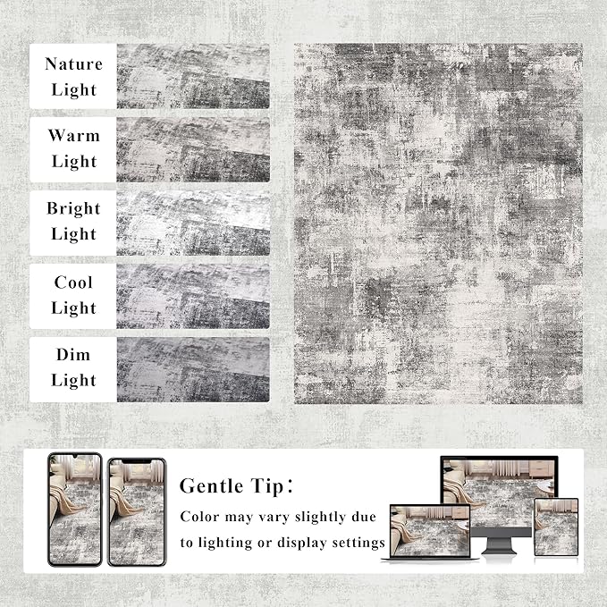 8x10 Modern Abstract Rug Washable Area Rugs for Living Room Bedroom Dining Room Non-Slip Low Pile Neutral Large Rug Soft Indoor Floor Carpet, Gray