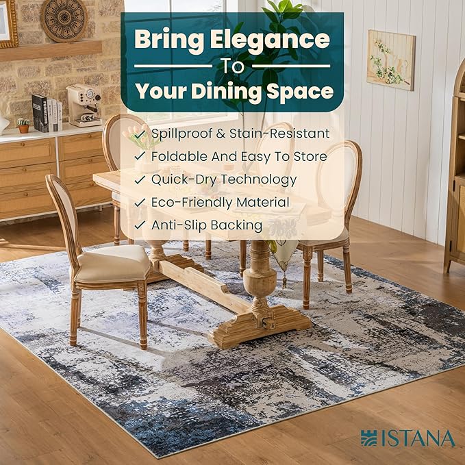 Istana 8x10 Area Rug - Grey Navy 8x10 Rugs for Living Room - Foldable Rugs for Bedroom - Stain Resistant Washable Rug - Eco-Friendly Area Rugs - Easy to Clean Living Room Rug