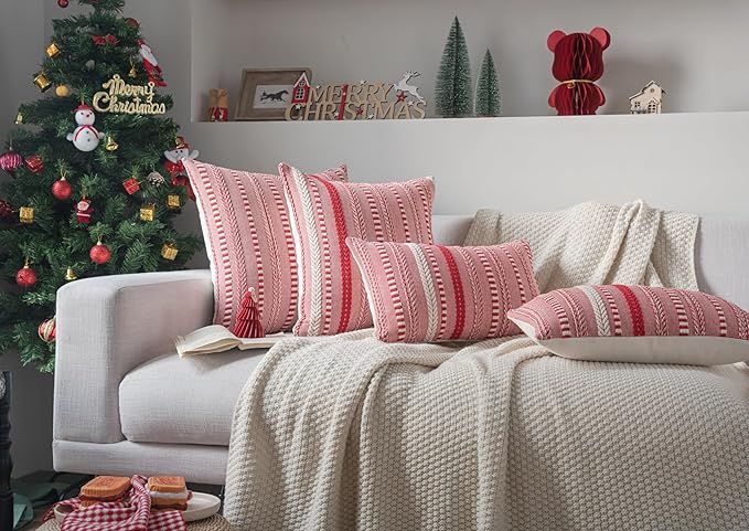 Christmas Lumbar Pillow Covers 14x36 Long, Farmhouse Boho Christmas Decorative Couch Pillow Cases, Red Accent Pillows of Bed, Sofa Bedroom Living Room Home Decor Cushion Cover, Pack of 1