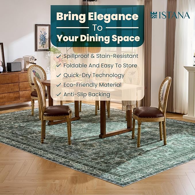 Istana Living Room Rug 10x14 - Dark Green 10 x 14 Area Rug - Foldable Machine Washable Area Rugs 10x14 - Stylish 10x14 Area Rugs Boho - Stain Resistant Washable Rug 10x14