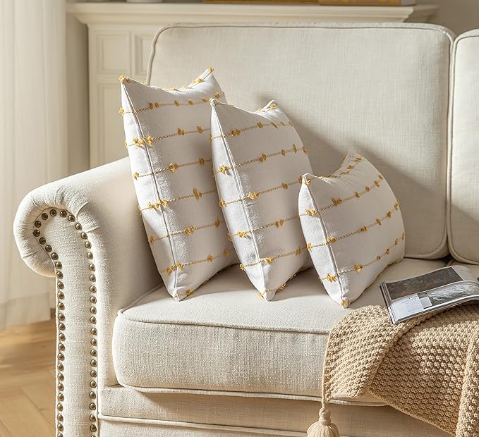 Caflife Boho Throw Pillow Covers 12x20 inches Beige and Yellow, Set of 2 Modern Farmhouse Decorative Pillow Covers for Couch Bed, Living Room