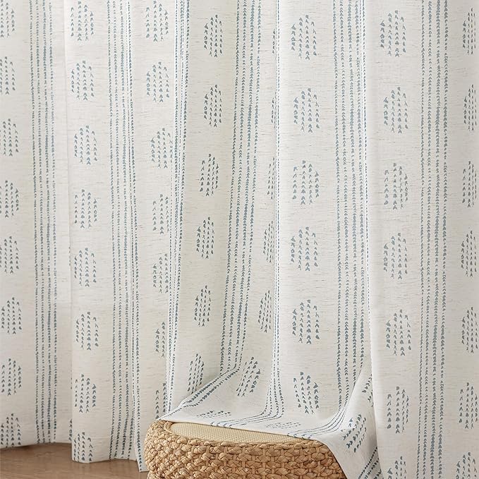 Boho Linen Curtains for Bedroom Living Room Blue Farmhouse Boho Curtains 72 Inches Long Geometric Striped Patterned Mudcloth Grommet Top Light Filtering Window Drapes 2 Panels Blue on Beige