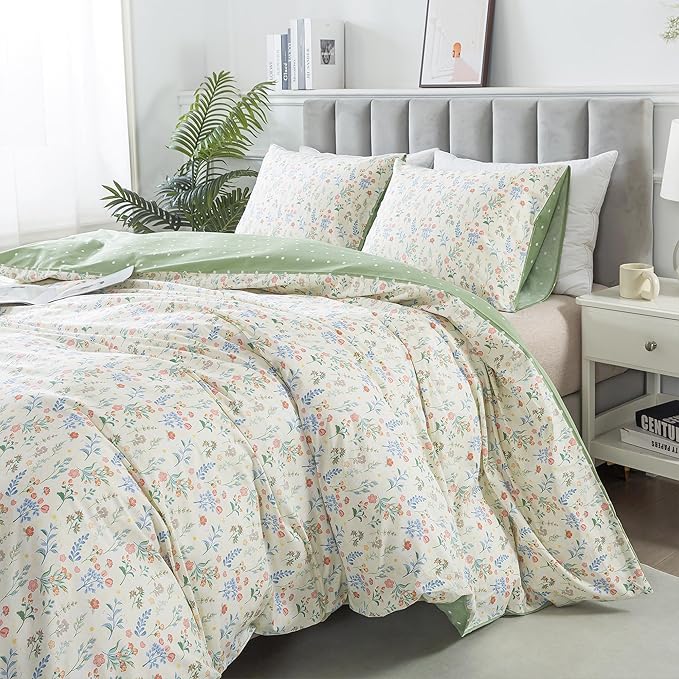 HoneiLife Duvet Dover Queen Size - 100% Cotton Bedlinen Set, Floral Comforter Cover with Zipper Closure & Corner Ties, 3-PC Wildflower Comforter Cover Sets