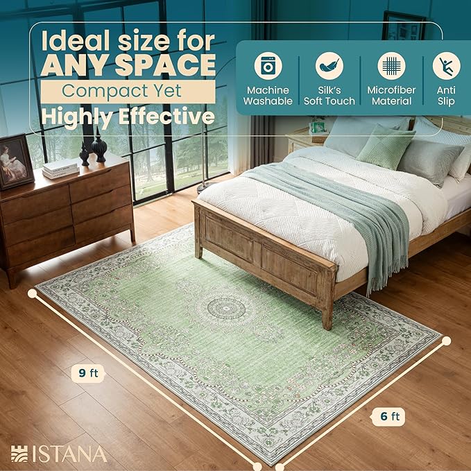 Istana 6x9 Area Rug - Green Rugs for Living Room 6x9 - Foldable Boho Rugs for Bedroom - Stain Resistant Washable Rug - Eco-Friendly Area Rugs - Easy to Clean Living Room Rug