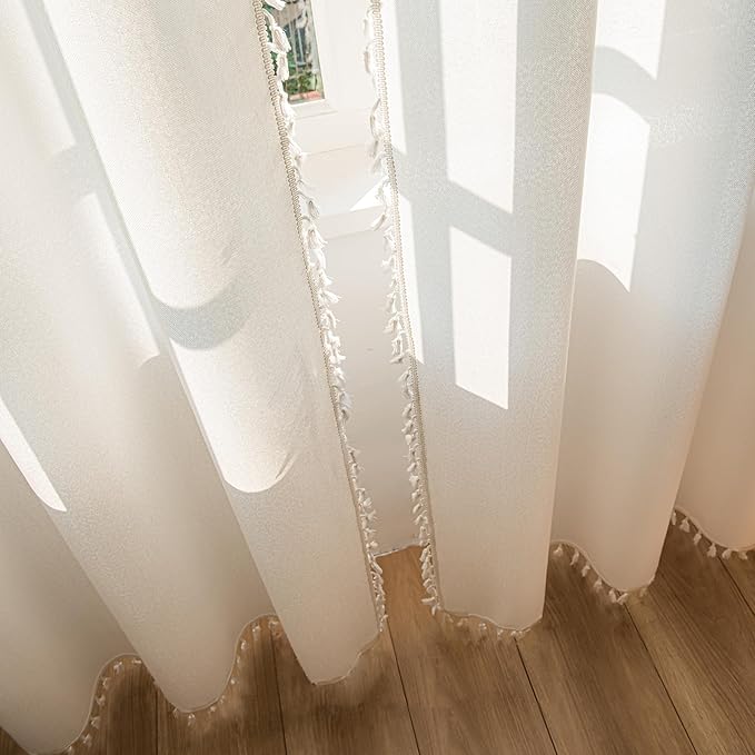 Sutuo Home White Boho Curtains 108 Inches Long, Bohemian Linen Style Textured Curtains with Tassels for Living Room, Semi Blackout Farmhouse Drapes, Rod Pocket Window Treatments 2 Panels, 52" x 108"