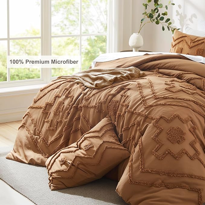 Oli Anderson Boho Tufted Comforter Set Queen Size, 3 Pcs Soft Jacquard Bedding Set for All Seasons, Shabby Chic Farmhouse Bedding Set with Comforters for All Seasons (Pumpkin, Queen)