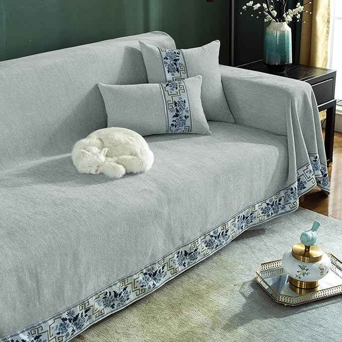 DREAMINGO Couch Protector Light Grey Sofa Covers for Dogs Solid Color Modern 2 Cushion Couch Cover for Loveseat Pet Friendly Chenille Slipcovers for Sectional Washable, Large 71"x118"