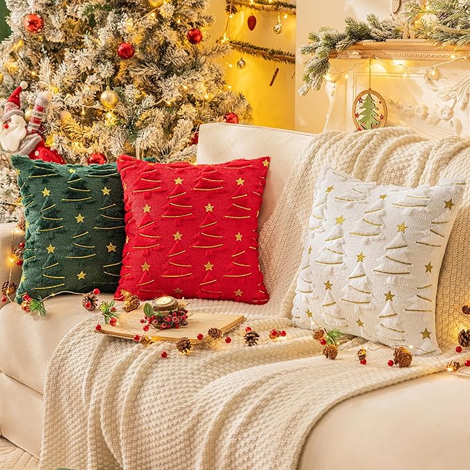 AQOTHES Christmas Tree Decorative Green White Throw Pillow Covers 18x18 Set of 2, Faux Fur Farmhouse Throw Pillows Cushion Cases for Xmas Winter Holiday Home Decor