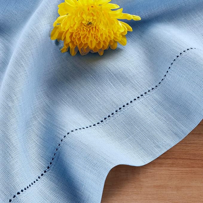 Solino Home Linen Cornflower Blue Tablecloth 52 x 52 Inch - 100% Pure Linen Square Table Throw - Classic Hemstitch, Machine Washable Table Cloth for Christmas, Holiday