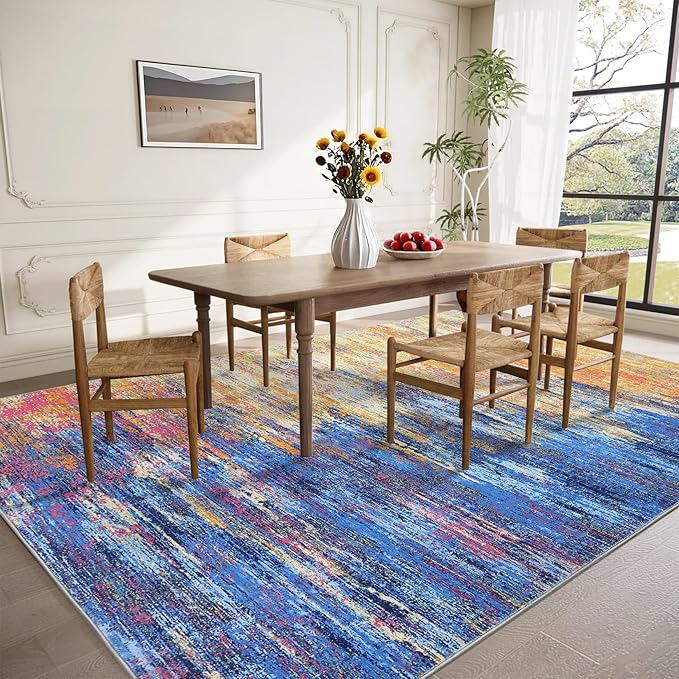 Modern Abstract Living Room Rug 10x13, Machine Washable Large Carpet, Non Slip Low Pile Throw Rug, Ultra Soft Indoor Floor Carpet for Bedroom Dining Room Table Home Decor, Blue/Orange