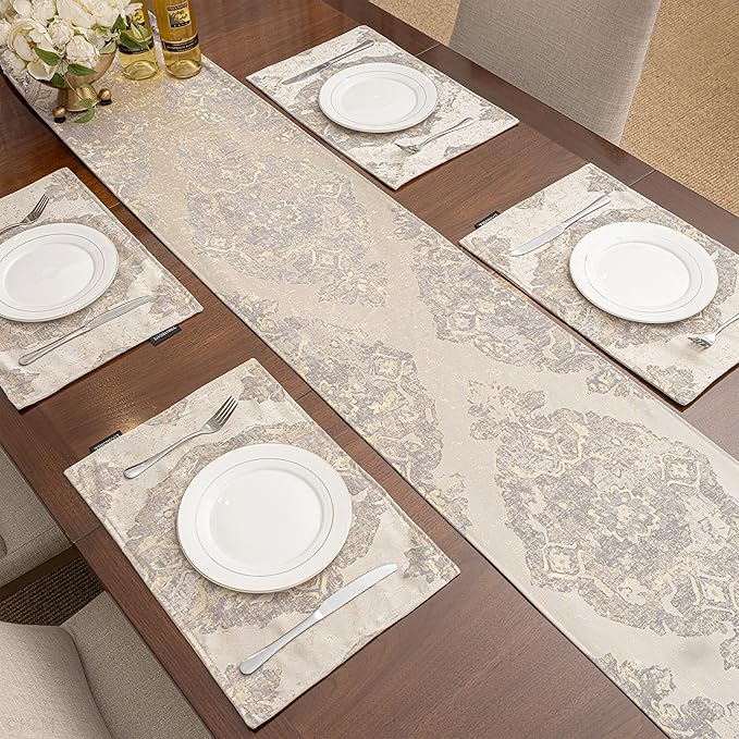 Loom and Mill Luxury Table Runner 108 inches Long, Elegant Damask Jacquard Table Runners with Handmade Multi-Tassels for Dining Room Dresser Party Holiday Banquet Decoration(Beige,13x108 inch)