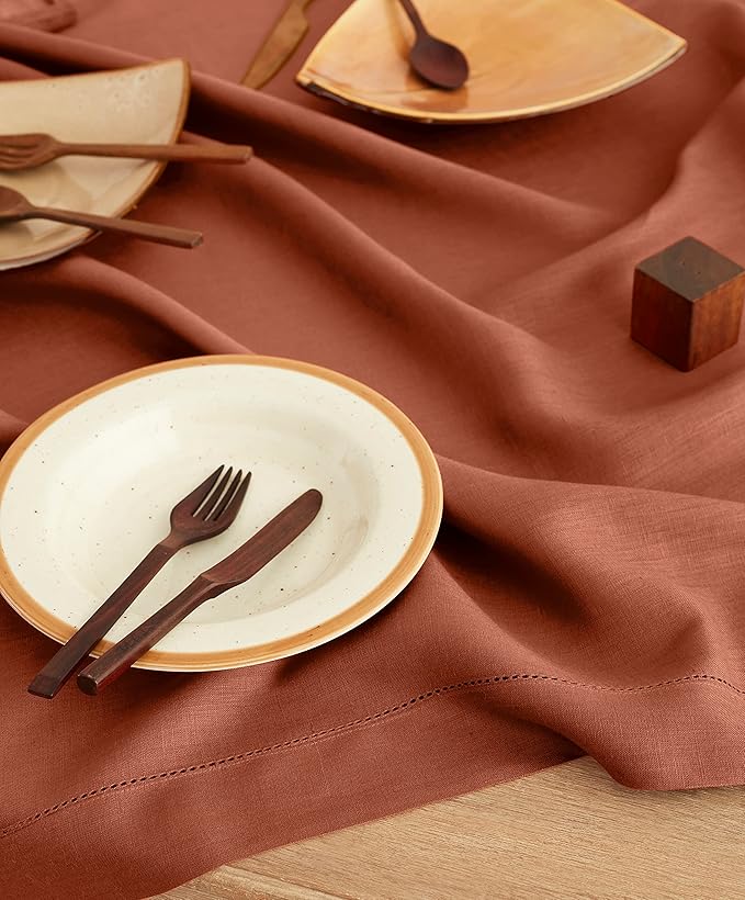 Solino Home Linen Cinnamon Tablecloth 52 x 52 Inch - 100% Pure Linen Square Table Throw - Classic Hemstitch, Machine Washable Table Cloth for Fall, Autumn, Thanksgiving