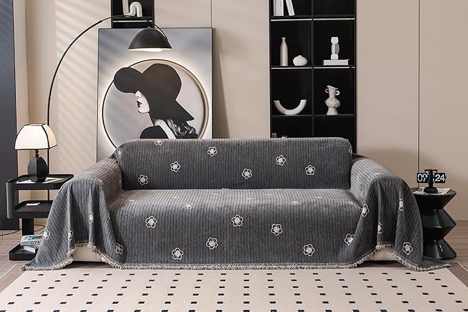 ROOMLIFE Gray Couch Cover Boho Sofa Covers for 3 Cushion Couch Washable, Furniture Protector Sofa Couch Cover for Dogs, Soft Chenille Sofa Slipcover, Couch Throw Blankets with Tassels 71 '' X 118''