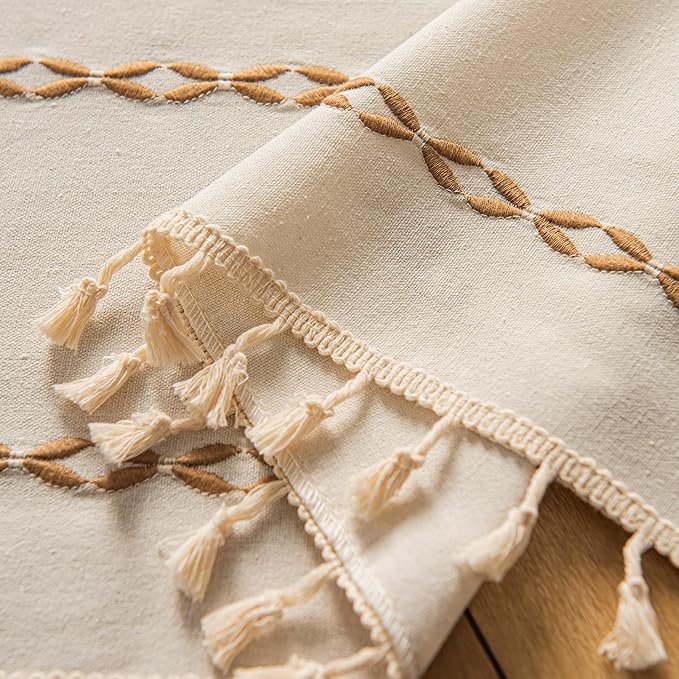 Sutuo Home Boho Curtains 84 Inches Long for Bedroom Living Room,Bohemian Drape Light Filtering Country Semi Blackout Farmhouse Window Treatment Rod Pocket, 1 Panel W52 x L84,White and Coffee