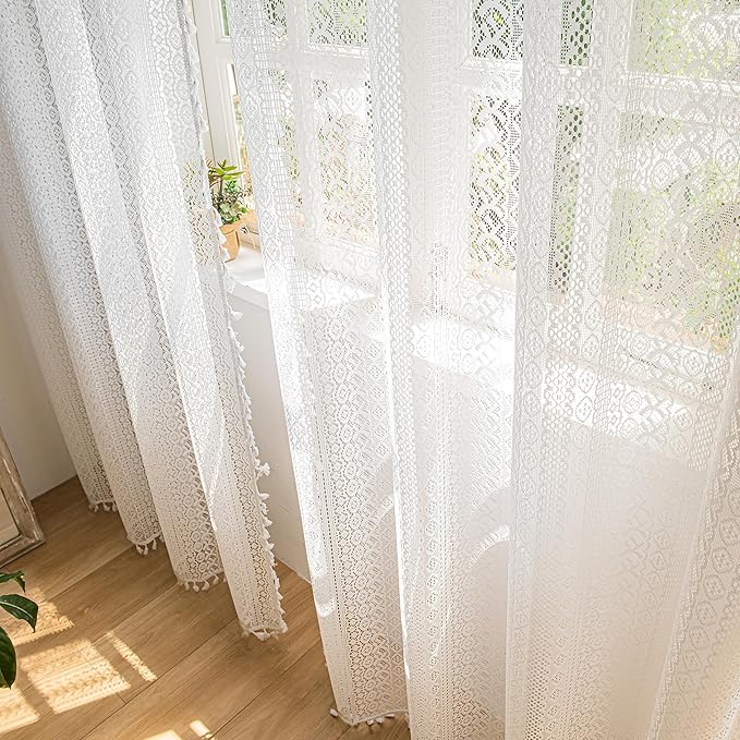Sutuo Home White Boho Curtains 2 Panels 96 Inches Length for Bedroom Living Room Patio, Window Treatments Bohemian Sheer Knitted Crochet Lace Vintage Drapes Pair Tassels, Rod Pocket, 52" x 96"