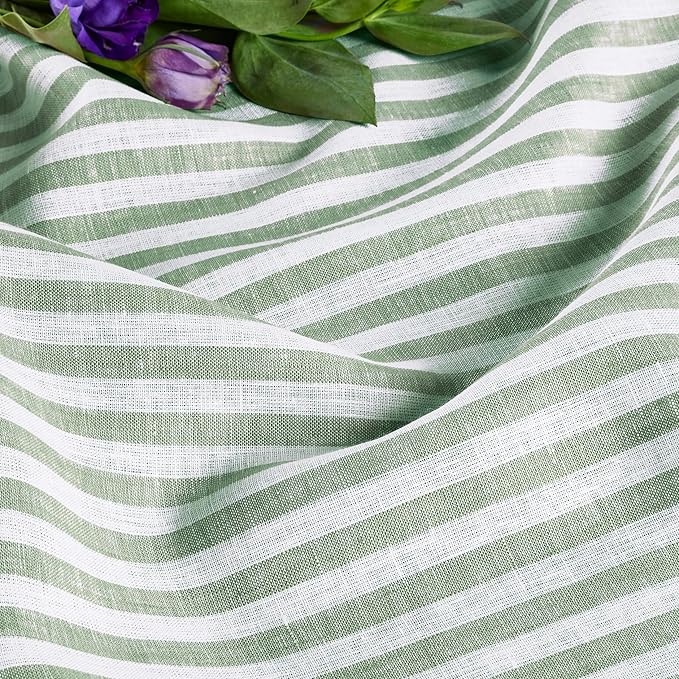 Solino Home Linen Tablecloth 52 x 52 Inch - Amalfi Stripe, 100% Pure Linen Green and White Square Tablecloth - Machine Washable Table Throw for Fall, Autumn, Christmas, Holiday