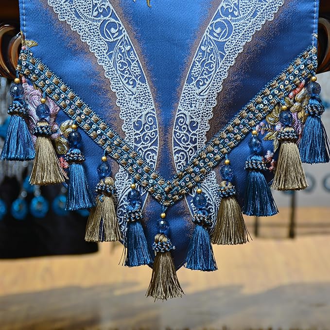 Extra Luxury Velvet Blue Table Runner 120 Inches Long with Vintage Damask Jacquard Design for Dining Room,Living Room,Home Decor,Elegant Beaded Tapestry (X-Blue, 13×120 inch)