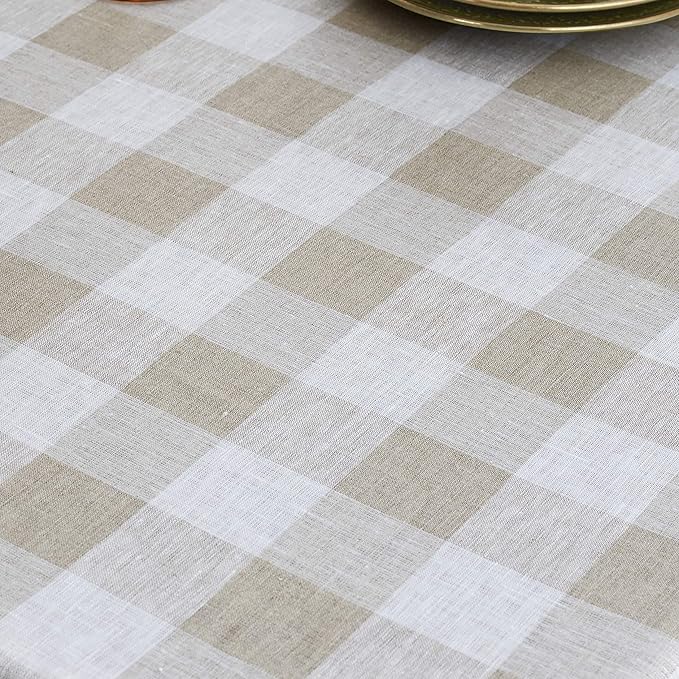 Solino Home Linen Checkered Tablecloth 60 x 156 Inch - 100% Pure Linen Natural and White Buffalo Plaid Table Cloth for Rectangle Tables - Machine Washable Tablecloth for Fall, Autumn, Thanksgiving