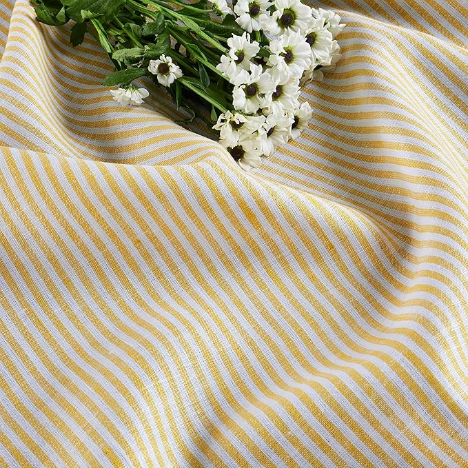 Solino Home Linen Square Tablecloth 52 x 52 Inch - Narrow Stripe, 100% Pure Linen Spicy Mustard and White Table Throw - Machine Washable Tablecloth