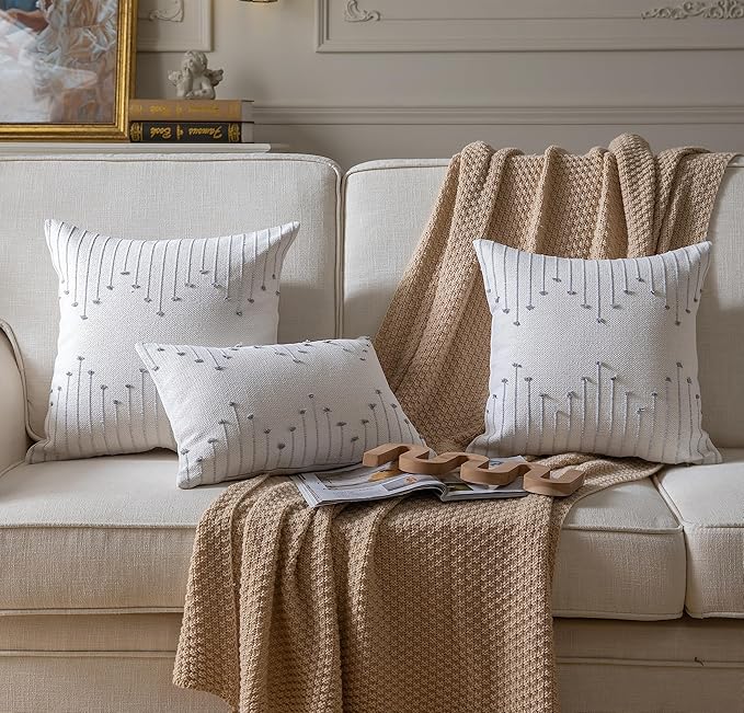 Caflife Boho Throw Pillow Covers 12x20 Set of 2 Decorative Pillows for Bed and Sofa, Beige with Grey Line Throw Pillows for Modern Farmhouse Couch Living Room