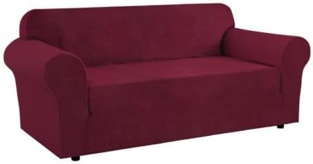 H.VERSAILTEX Stretch Oversized Sofa Cover 1 Piece Sofa Slipcovers for Living Room Feature Thick Checked Jacquard Fabric with Elastic Bottom, Sofa X-Large - Burgundy Red