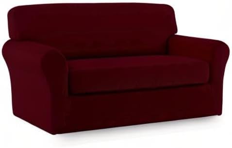 Easy-Going 2 Pieces Microfiber Stretch Sofa Slipcover – Spandex Soft Fitted Sofa Couch Cover, Washable Furniture Protector with Elastic Bottom Kids, Pet (Loveseat, Wine