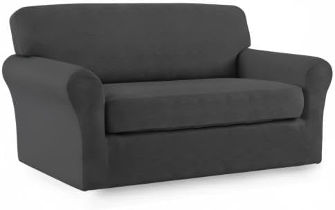 Easy-Going 2 Pieces Microfiber Stretch Sofa Slipcover – Spandex Soft Fitted Sofa Couch Cover, Washable Furniture Protector with Elastic Bottom Kids, Pet (Loveseat, Dark Gray